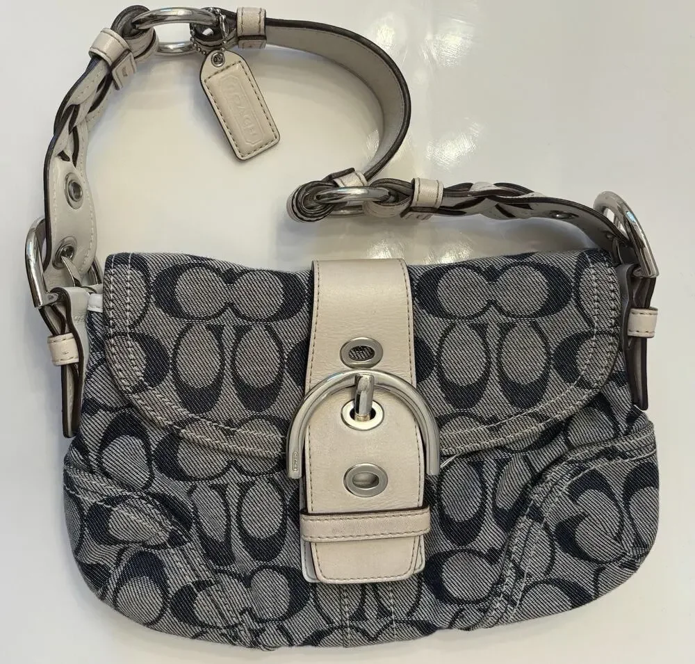 Vintage Coach Soho Pleated Hobo Blue Signature Jacquard White Leather Y2K